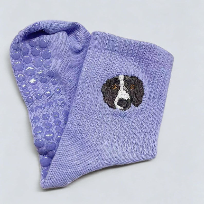 May include: A pair of lavender socks with a dog face embroidered on one sock. The other sock has non-slip grips and the word "SPORTS" printed on the sole. The dog's face is black, white, and brown.