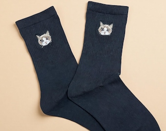 Chaussettes brodées personnalisées pour le visage avec portrait de chat, chaussettes personnalisées pour équipage adulte avec visage d'animal de compagnie, chaussettes pour papa d'animal de compagnie, cadeau pour amoureux des animaux de compagnie