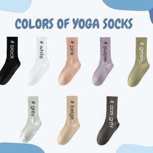 May include: Image of eight yoga socks in various colors: black, white, pink, purple, green, grey, beige, and dark grey. Each sock has a non-slip grip on the sole and a color label. The text "COLORS OF YOGA SOCKS" is at the top.