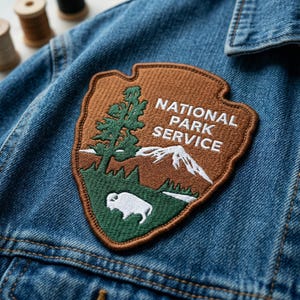 May include: Embroidered National Park Service patch in brown, green, and white, featuring a tree, mountain, and bison. The patch is sewn onto a blue denim jacket. The text "NATIONAL PARK SERVICE" is embroidered in white.