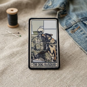 The Dog Handler Tarot Card Patch, Tactical K9 Morale Badge, Military Working Dog Skeleton Applique, Police Canine Handler Gift Hook Loop