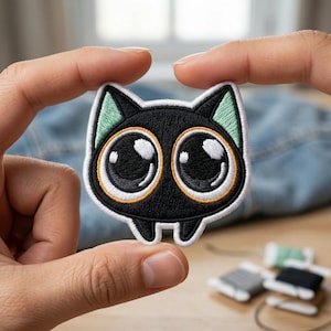 May include: Embroidered black cat patch with large, expressive eyes, orange and white accents, and mint green ears. The patch is held between two fingers, showcasing its details. The cat patch is a cute accessory for clothing or bags.
