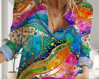 Vibrant Silk Paint Style Women Blouse, Artistic Abstract Tie Dye Shirt, Aesthetic Maximalist Clothing, Colorful Hand Painted Effect Art Top