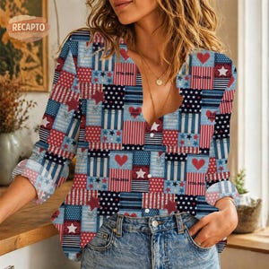 Camiseta del 250 aniversario de EE. UU., blusa vintage con la bandera estadounidense para mujer, camisa patriótica de patchwork con botones, blusa bohemia para el 4 de julio.
