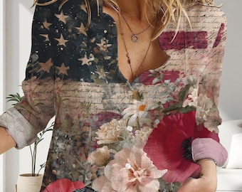 Camisa vintage de mujer con la bandera de EE. UU., blusa patriótica con la bandera estadounidense, atuendo retro para el 4 de julio, regalo estético para el Día de la Independencia.