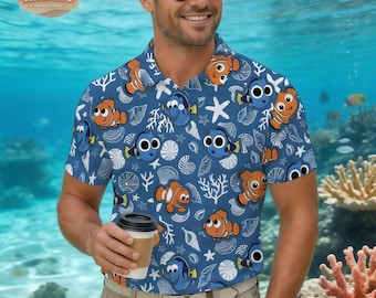Finding Nemo Polo Shirt, Dory and Nemo Fish Print Men's Polo, Cute Ocean Animal Pattern Shirt, Tropical Marine Life Apparel, Sea Lover Gift