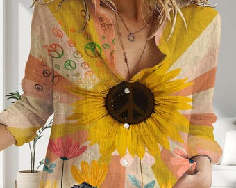Túnica de lino con estampado de girasoles para mujer, blusa floral estilo boho hippie, camisa amarilla con el lema "Amabilidad" y flores, top de verano extragrande con el lema "Paz y amor" (2026).