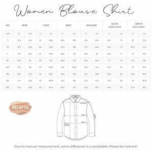 May include: A white chart titled "Women Blouse Shirt" with size measurements in inches and centimeters. The chart includes neck, chest, waist, shoulder, sleeve, and length measurements for sizes S to 5XL. A diagram of a blouse is also included.