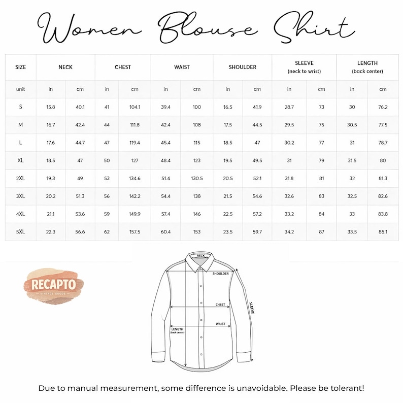 May include: A white chart titled "Women Blouse Shirt" with size measurements in inches and centimeters. The chart includes neck, chest, waist, shoulder, sleeve, and length measurements for sizes S to 5XL. A diagram of a blouse is also included.