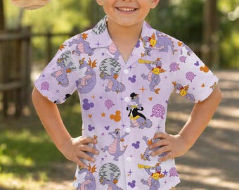 Camisa hawaiana Figment Dragon para niños, camisa Figment de Epcot con botones, conjunto de verano Disney World para jóvenes, camiseta Figment One Little Spark para niños pequeños