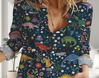 Retro Dinosaur Tropical Button Down, Floral Dino Hawaiian Shirt, Unisex Summer Beach Wear, Vintage Animal Blouse, Nature Lover Gift ideas