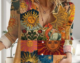 Embrace your inner hippie with this Boho Folk Art Linen-Look Shirt. Perfect Cottagecore blouse for vintage, psychedelic & casual chic vibes.