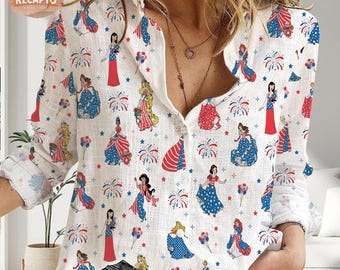 Blusa de princesa patriótica, camisa de mujer para el 4 de julio, top rojo, blanco y azul inspirado en Disney, camisa abotonada para el Día de la Independencia, vacaciones mágicas de verano