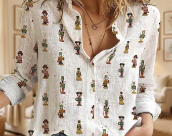 Mickey n Friends Nutcracker Soldier Women Blouse Shirt, Christmas Mouse Minnie Pattern Button Up Top, Magical Kingdom Winter Trip Outfits