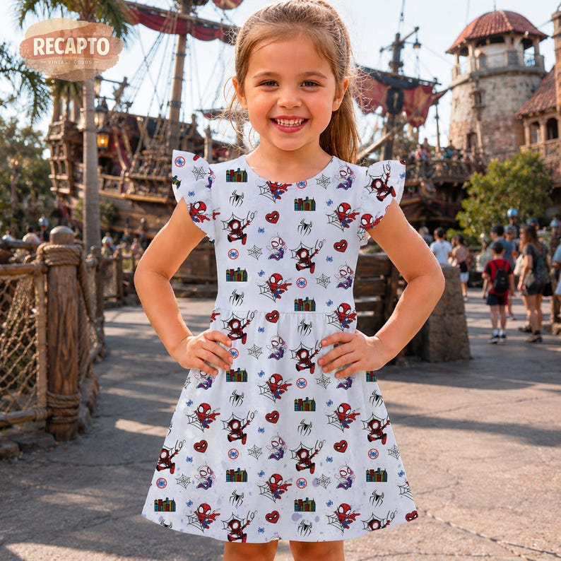 May include: A white dress with a pattern of Spider-Man characters, spiderwebs, and hearts. The dress has short, ruffled sleeves and a fitted bodice. The girl is smiling and standing outdoors.