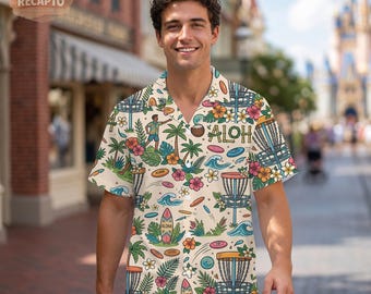 Camisa hawaiana tropical para disc golf, camisa abotonada Aloha Frolf para hombre, regalo único para papá aficionado al frisbee golf, atuendos de verano para el Día del Padre.