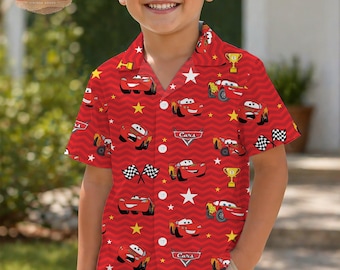 Camisa hawaiana de Rayo McQueen, camisa retro de botones de Disney Cars Aloha, conjunto de campeón de la Copa Pistón Rust-Eze, linda camisa para viaje familiar a Disneyland