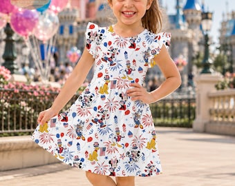 Vestido patriótico de Mickey y sus amigos para niña, conjunto infantil con mangas con volantes para el Día de la Independencia, moda infantil de verano de Disney, vestido para niña pequeña para el 4 de julio