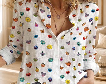 Sesame Street Characters Women Blouse Shirt, Colorful Elmo Cookie Monster Button Up Shirt, Abby Cadabby Big Bird Pattern Top Wear
