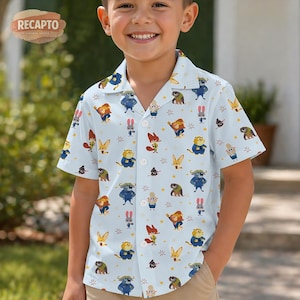 Camisa hawaiana infantil estilo Zootopia, divertida camisa de verano con botones y estampado de animales de dibujos animados para niños y niñas, conjunto playero tropical de manga corta, regalo suave