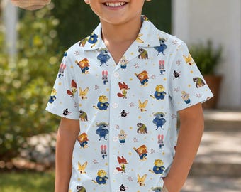 Camisa hawaiana infantil estilo Zootopia, divertida camisa de verano con botones y estampado de animales de dibujos animados para niños y niñas, conjunto playero tropical de manga corta, regalo suave