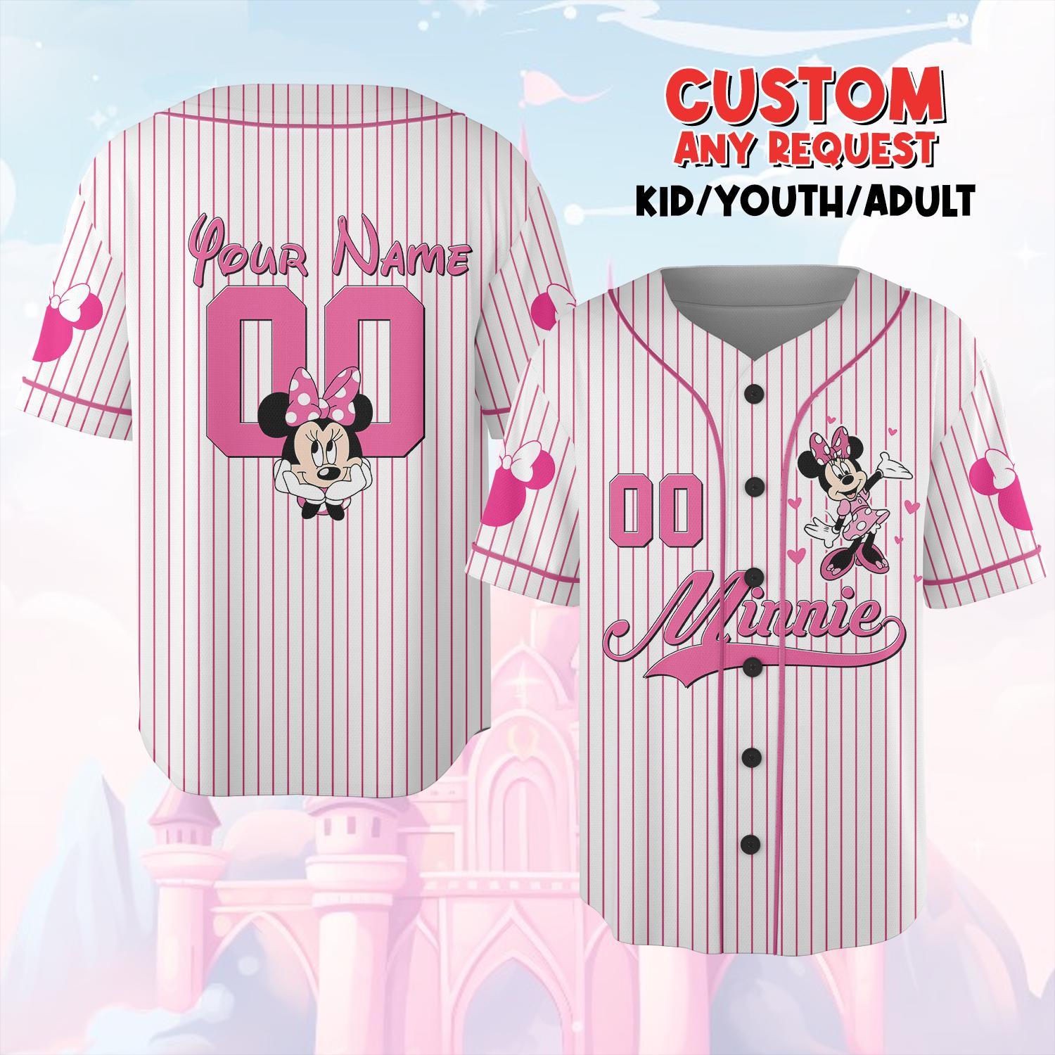 Discover Personalized Minnie Mouse Striped Baseball Jersey, Custom Disney Team Shirt, Cute Disneyland Outfit, Minnie Birthday Gift for Disney Lovers
