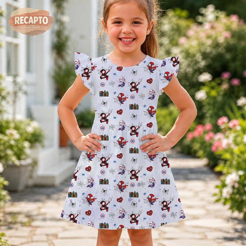May include: A white dress with a pattern of Spider-Man characters, hearts, and spiderwebs. The dress has short, ruffled sleeves and a fitted bodice. The girl is smiling and standing outside.