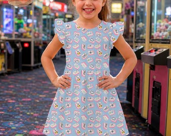 Mahjong Kids Ruffle Dress, Blue Girls Mahjong Tile Pattern Dress, Cute Asian Style Summer Dress for Toddlers, Mahjong Game Lover Gift