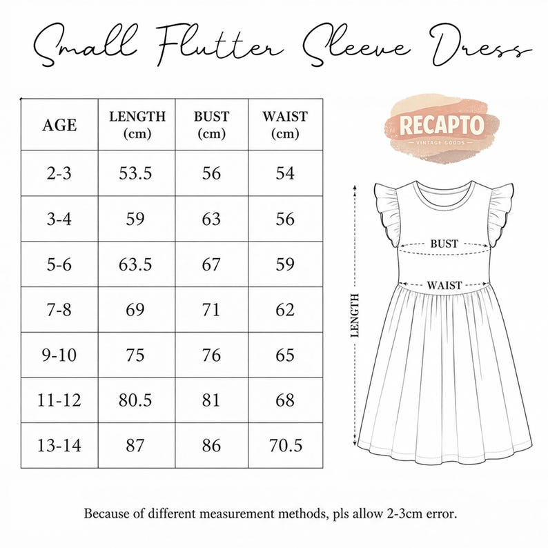 May include: A diagram for a small flutter sleeve dress, featuring a size chart with measurements in centimeters for length, bust, and waist. The chart includes sizes for ages 2-3 through 13-14. The image also shows a line drawing of the dress.