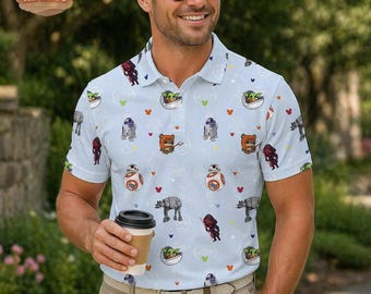 Polo de hombre de Disney Star Wars, polo de golf Grogu BB-8 AT-AT, bonito regalo de Star Wars para el Día del Padre, atuendo informal para vacaciones en Disney para hombre