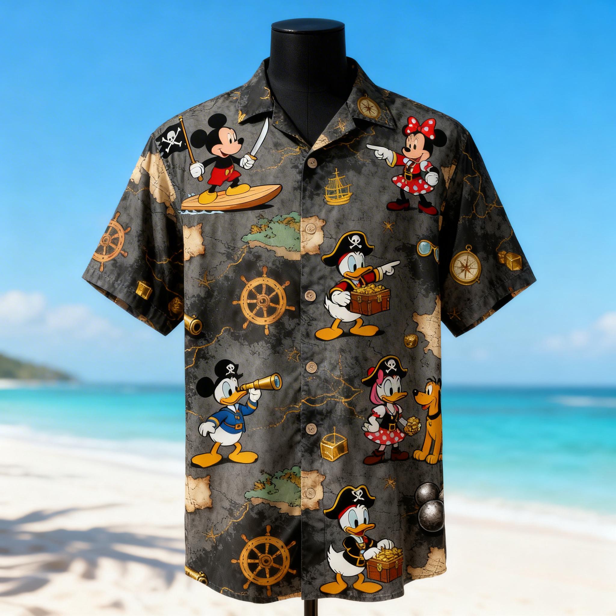 Discover Retro Pirate Mouse & Friends Hawaiian Shirt, Cartoon Cruise Vacation Button Up, Tropical Summer Party Shirt, Vintage Island Style Gift