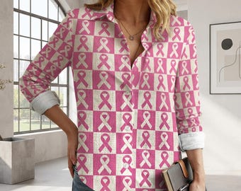Breast Cancer Awareness Women Blouse Shirt, Pink Ribbon Checkerboard Button Up Top, Support Survivor Outfit