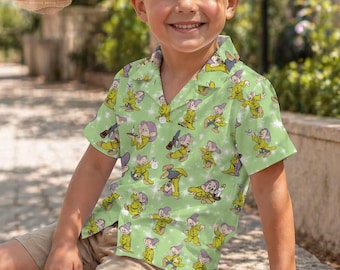 Camisa hawaiana infantil de Los siete enanitos, linda camisa infantil de Blancanieves con botones, camisa verde vintage para campamento de verano para niños pequeños, regalo de Disney 2026