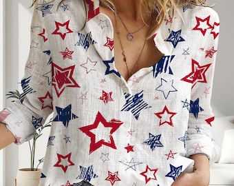 Camisa USA con aspecto de lino, camisa patriótica de mujer con botones, blusa Merica del 4 de julio, top de verano rojo, blanco y azul, regalo personalizado para el Día de la Independencia.