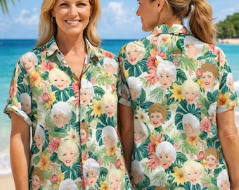 Gouden Hawaiiaans shirt en shorts voor meisjes, tropische zomerstrandoutfit, retro tv-show vakantiekleding, verblijf gouden button-down feestkostuum