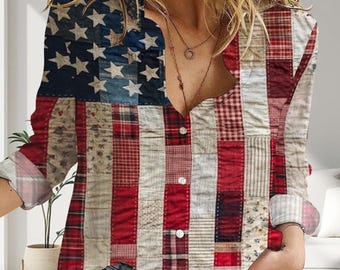 Camisa de mujer vintage con la bandera de EE. UU., blusa retro patriótica para el 4 de julio, top de verano estilo americano, regalo ideal para el Día de la Independencia.