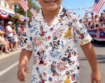 Camisa hawaiana infantil patriótica de Disney, camisa de niño de Mickey Mouse para el 4 de julio, camisa juvenil patriótica de Donald Duck con botones, Independencia 2026