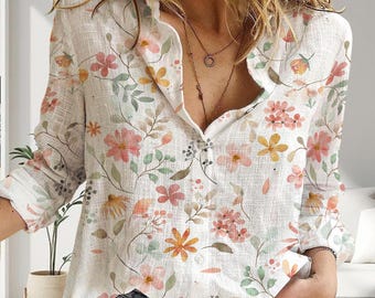 Boho Blumenmuster Top, Langarm Vintage Flower Shirt, Lässige Bluse mit Knopfleiste für Sie, Hippie Chic Botanische Kleidung