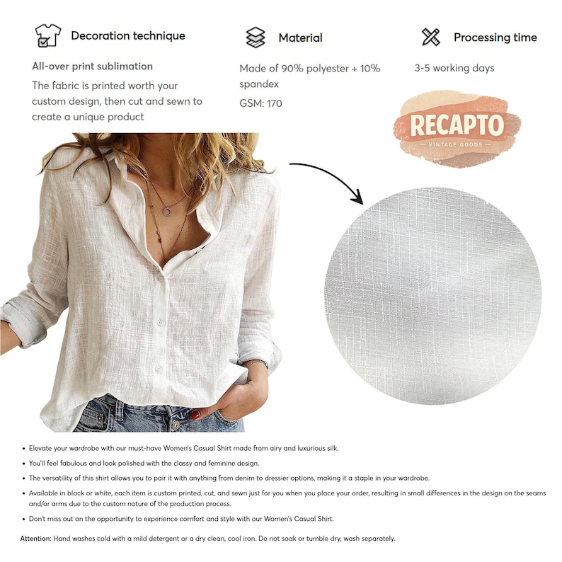 May include: A white button-down shirt made of 90% polyester and 10% spandex. The shirt has long sleeves and is shown on a person. The image includes text about the shirt's material, decoration technique, and processing time.