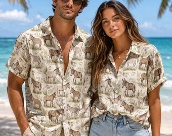 Camisa hawaiana retro con burro, linda camisa playera con botones de animales, atuendo para vacaciones familiares tropicales, divertida camisa de verano a juego con burro, regalo para hombre