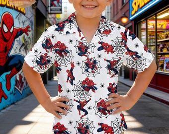 Marvel Spider-Man Hawaiian Shirt, Kids Superhero Button Up for Summer Trips, Family Vacation Outfits & Casual Spiderman Character Party Wear