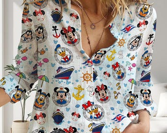 Disney Cruise Blouse for Women, Mickey and Minnie Mouse Nautical Summer Top, Elegant Family Vacation Shirt, Custom Disney Trip Gift
