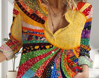 Blusa con estampado de girasoles, camisa floral retro de los años 70 para mujer, top hippie con estampado de sol bohemio, estética vintage colorida, regalo de verano