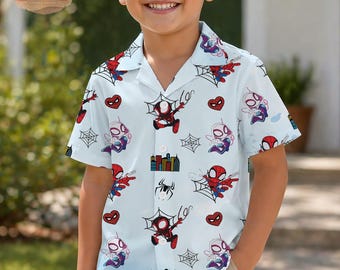 Spidey And His Amazing Friends Kids Hawaiian Shirt, Toddler Boy Super Hero Aloha Shirt, Spider-Verse Youth Button Down, Marvel Birthday Gift