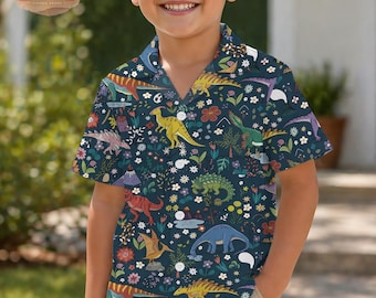 Camisa hawaiana infantil de dinosaurios, conjunto playero tropical jurásico para niños pequeños, linda camisa de dinosaurios con botones, regalo de verano para niños 2026