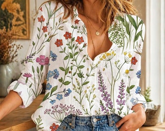 Vintage Wildflower Women's Blouse, Aesthetic Cottagecore Floral Shirt, Botanical Garden Party Top, Nature Lover Gift, Boho Flower Clothing