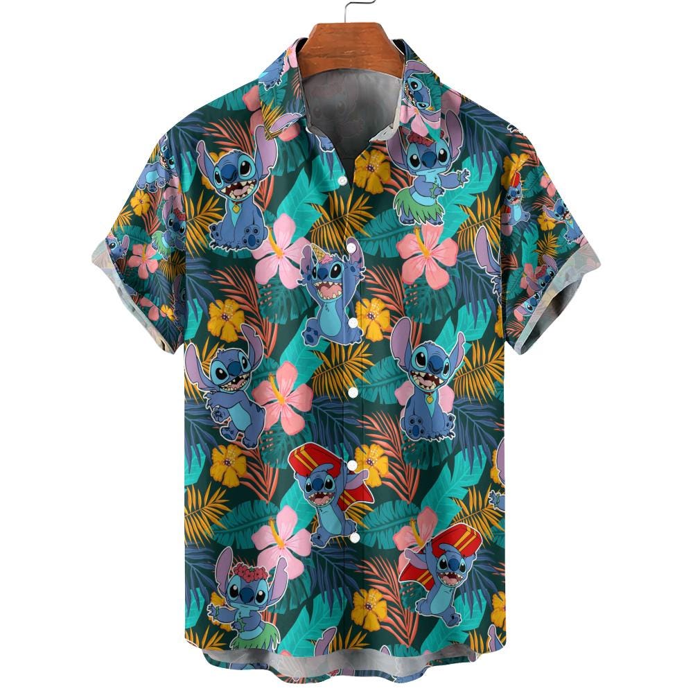 Discover Disney Stittch Hawaiian Shirt, Summer Vacation Button Up, Beach Party Shirt, Theme Park Travel Outfit, Tropical Cartoon Alien