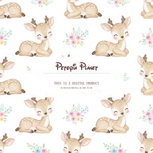 Puede incluir: Patrón repetido de ciervos de dibujos animados con cuernos, flores y hojas sobre un fondo blanco. Los ciervos son de color marrón claro con caras sonrientes. El texto dice "Petopia Planet" y "This is a digital product. No physical item will be sent to you."