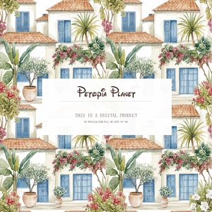 Könnte beinhalten: Aquarell-Illustration mit einem sich wiederholenden Muster von Häusern im mediterranen Stil mit blauen Fensterläden und Terrakotta-Dächern. Üppiges Grün und blühende Pflanzen umrahmen die Gebäude. Der Text "PETOPIA PLANET" und "THIS IS A DIGITAL PRODUCT" sind ebenfalls sichtbar.