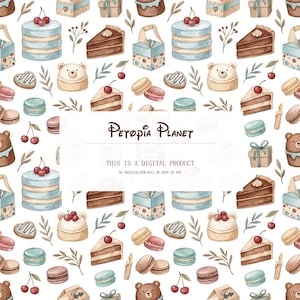 Pode incluir: Padrão em aquarela com bolos, fatias de torta, macarons, caixas de presente, biscoitos em forma de urso e ursinhos de pelúcia em um fundo branco. O texto "Petopia Planet" e "This is a digital product" também são visíveis.